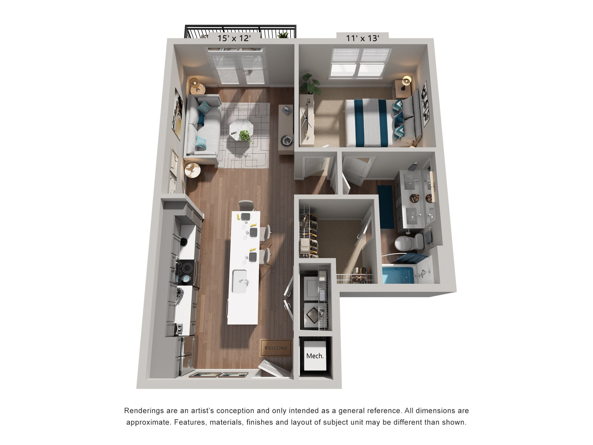 Floor plan for 1 bed, 1 bath, 755 sqft